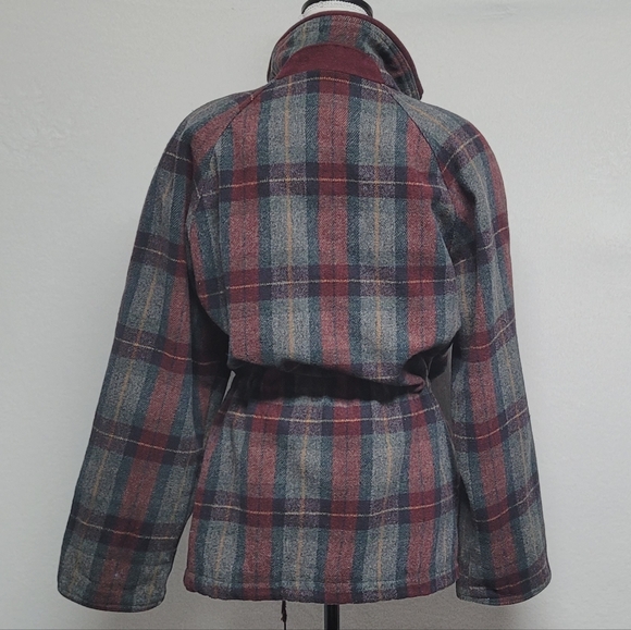 Out Brook Vintage 90s Marron Gray Plaid Wool Blend Tie-Waist Anorak Jacket S - Picture 8 of 15